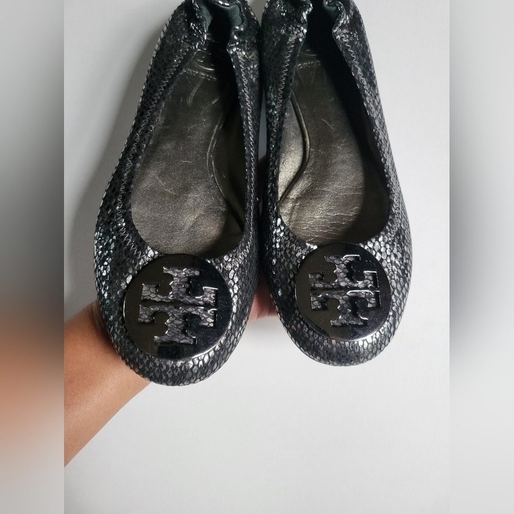 Tory Burch Black/Silver Python Print Reva Ballet … - image 6